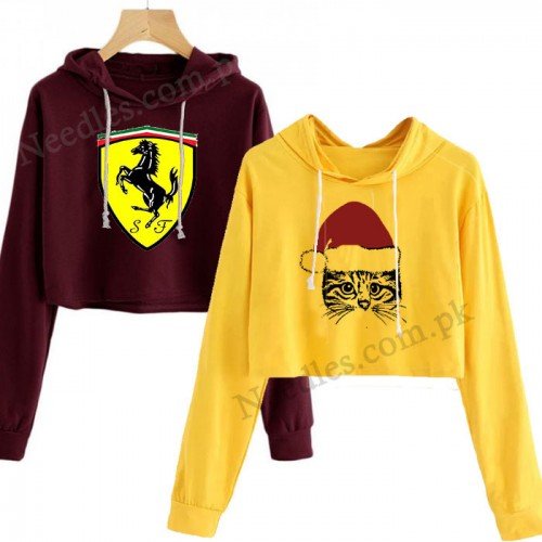 Bundle of 2 Maroon Fer & Yellow Santa Cat Printed Crop Hoodie 